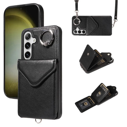 005 For Samsung Galaxy S24+ Case Anti-Drop Ring Leather+TPU Phone Cover with Shoulder Strap