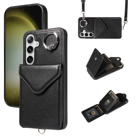 005 For Samsung Galaxy S24+ Case Anti-Drop Ring Leather+TPU Phone Cover with Shoulder Strap