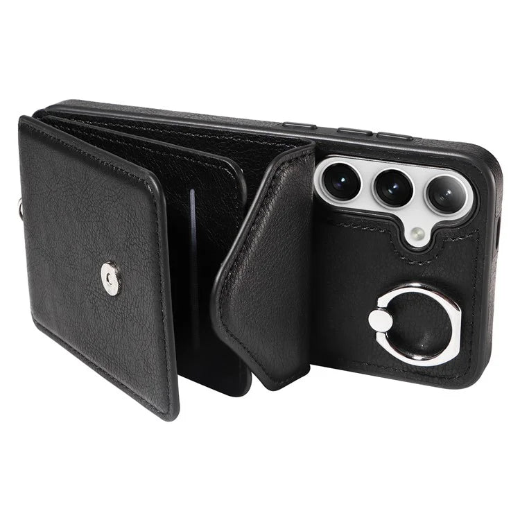 005 For Samsung Galaxy S24+ Case Anti-Drop Ring Leather+TPU Phone Cover with Shoulder Strap