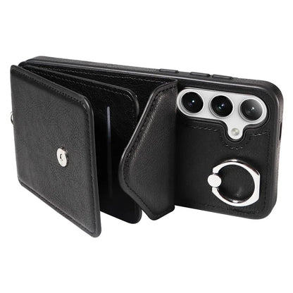 005 For Samsung Galaxy S24+ Case Anti-Drop Ring Leather+TPU Phone Cover with Shoulder Strap