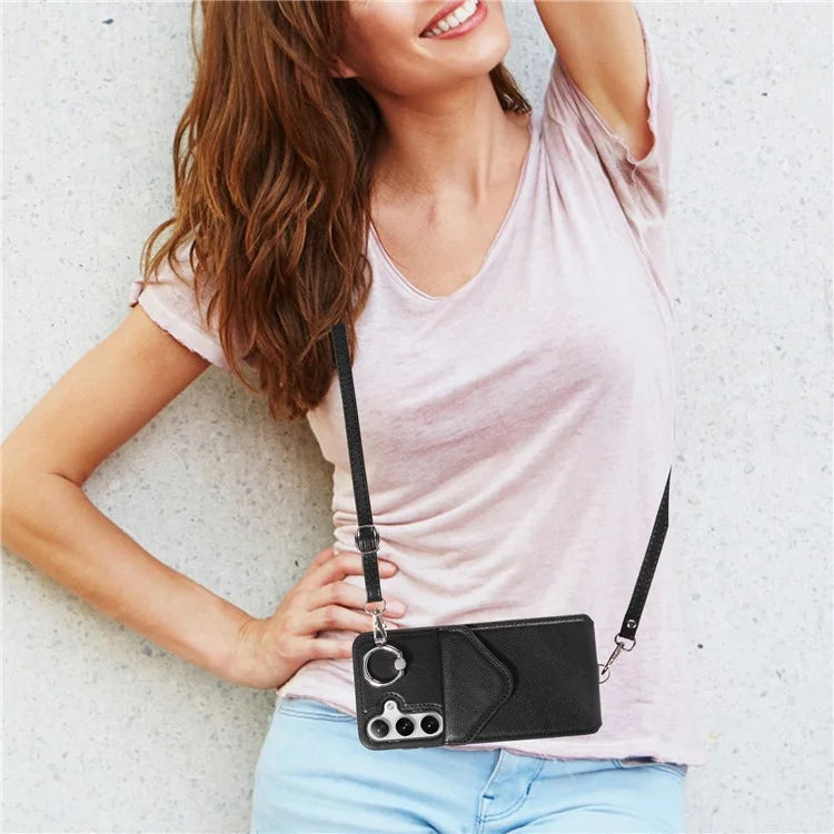 005 For Samsung Galaxy S24+ Case Anti-Drop Ring Leather+TPU Phone Cover with Shoulder Strap
