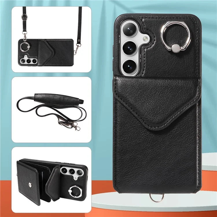 005 For Samsung Galaxy S24+ Case Anti-Drop Ring Leather+TPU Phone Cover with Shoulder Strap