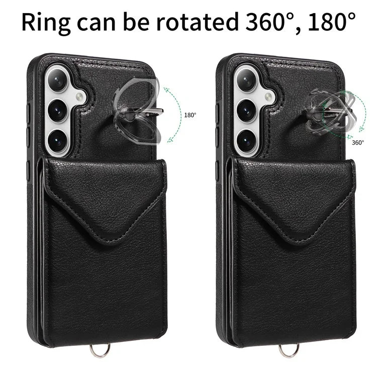 005 For Samsung Galaxy S24+ Case Anti-Drop Ring Leather+TPU Phone Cover with Shoulder Strap