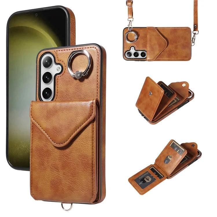 005 For Samsung Galaxy S24+ Case Anti-Drop Ring Leather+TPU Phone Cover with Shoulder Strap