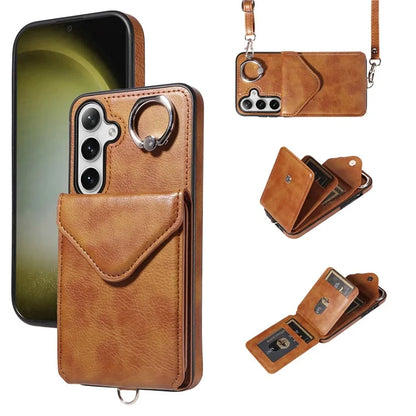 005 For Samsung Galaxy S24+ Case Anti-Drop Ring Leather+TPU Phone Cover with Shoulder Strap