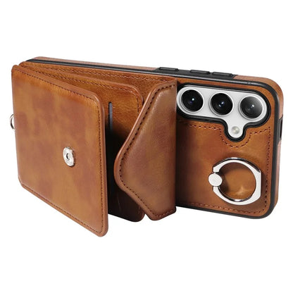 005 For Samsung Galaxy S24+ Case Anti-Drop Ring Leather+TPU Phone Cover with Shoulder Strap