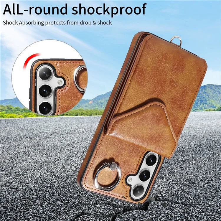 005 For Samsung Galaxy S24+ Case Anti-Drop Ring Leather+TPU Phone Cover with Shoulder Strap