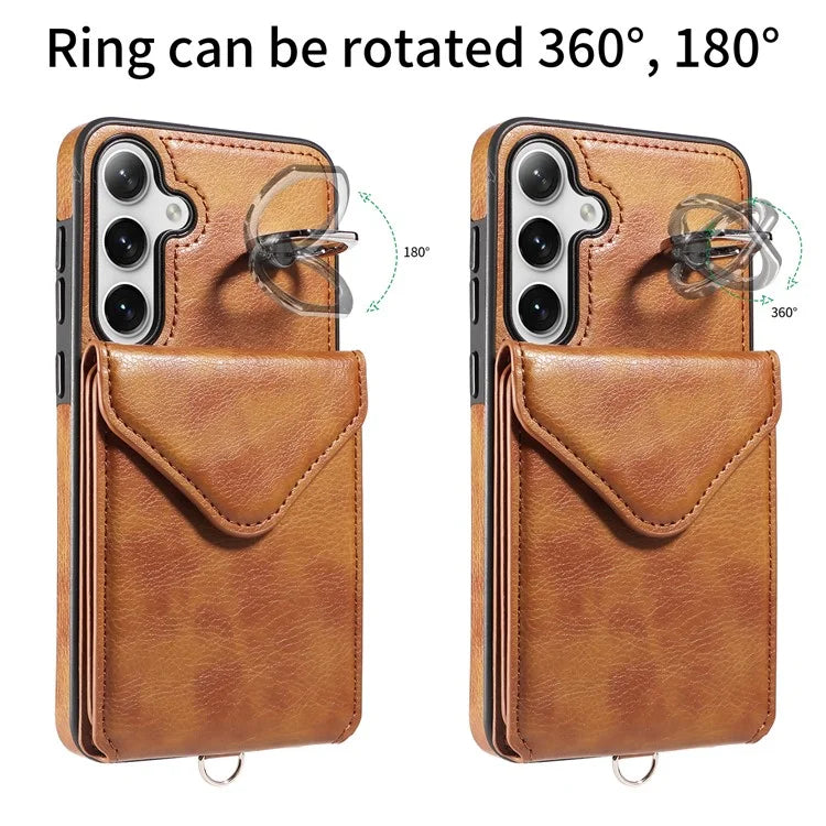 005 For Samsung Galaxy S24+ Case Anti-Drop Ring Leather+TPU Phone Cover with Shoulder Strap