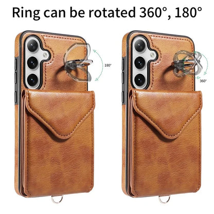 005 For Samsung Galaxy S24+ Case Anti-Drop Ring Leather+TPU Phone Cover with Shoulder Strap