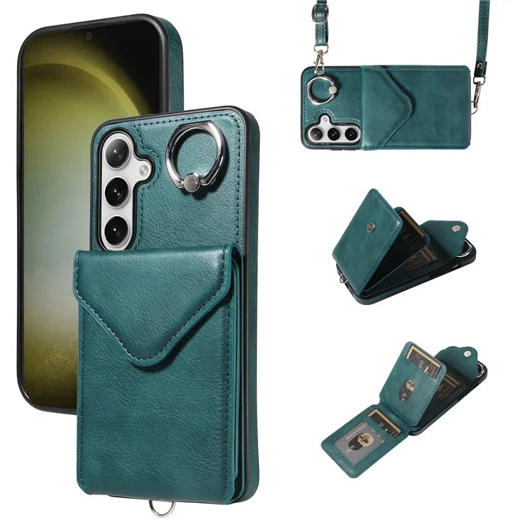 005 For Samsung Galaxy S24+ Case Anti-Drop Ring Leather+TPU Phone Cover with Shoulder Strap