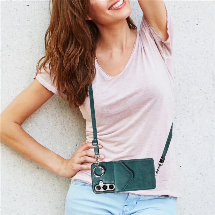 005 For Samsung Galaxy S24+ Case Anti-Drop Ring Leather+TPU Phone Cover with Shoulder Strap