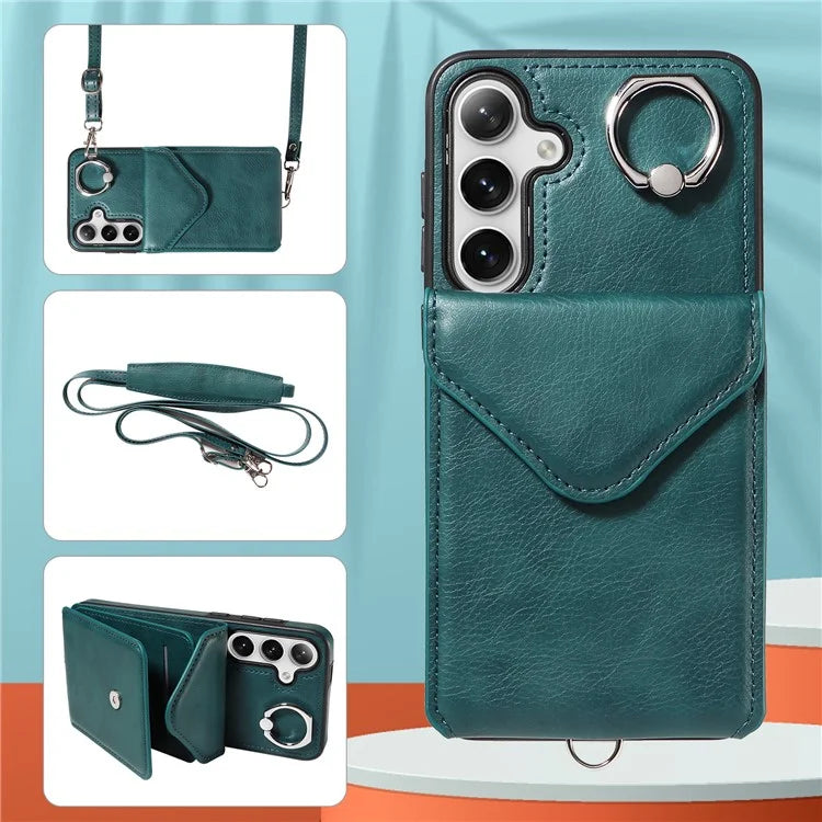 005 For Samsung Galaxy S24+ Case Anti-Drop Ring Leather+TPU Phone Cover with Shoulder Strap
