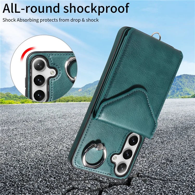 005 For Samsung Galaxy S24+ Case Anti-Drop Ring Leather+TPU Phone Cover with Shoulder Strap