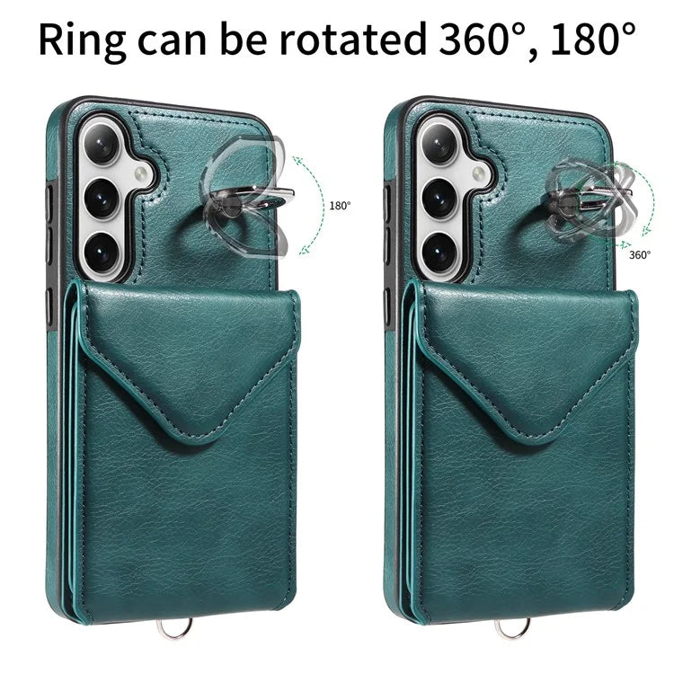 005 For Samsung Galaxy S24+ Case Anti-Drop Ring Leather+TPU Phone Cover with Shoulder Strap