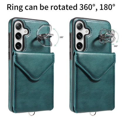 005 For Samsung Galaxy S24+ Case Anti-Drop Ring Leather+TPU Phone Cover with Shoulder Strap