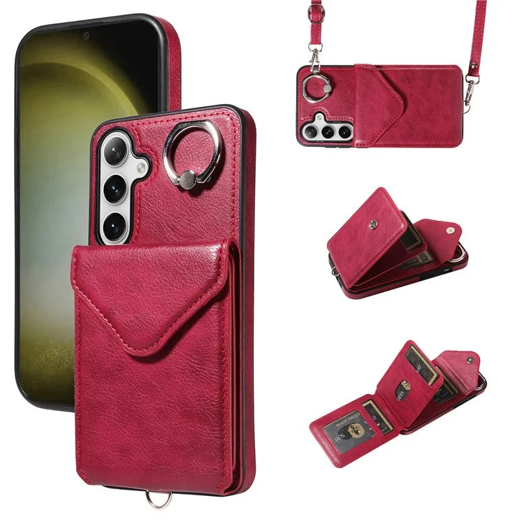 005 For Samsung Galaxy S24+ Case Anti-Drop Ring Leather+TPU Phone Cover with Shoulder Strap