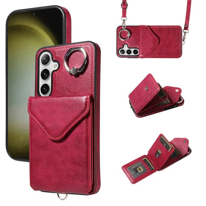 005 For Samsung Galaxy S24+ Case Anti-Drop Ring Leather+TPU Phone Cover with Shoulder Strap