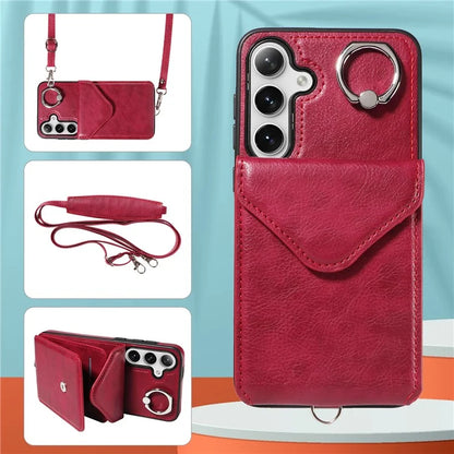 005 For Samsung Galaxy S24+ Case Anti-Drop Ring Leather+TPU Phone Cover with Shoulder Strap
