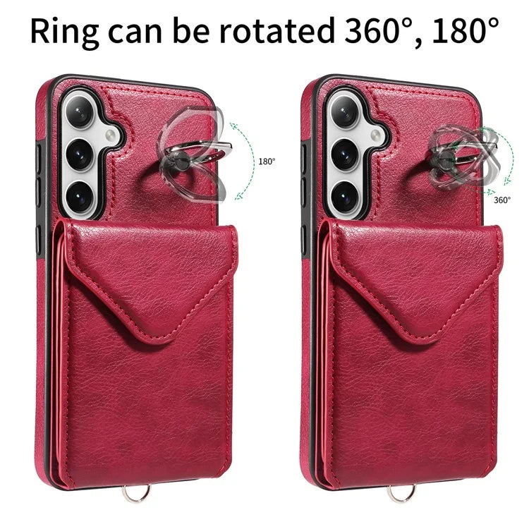 005 For Samsung Galaxy S24+ Case Anti-Drop Ring Leather+TPU Phone Cover with Shoulder Strap