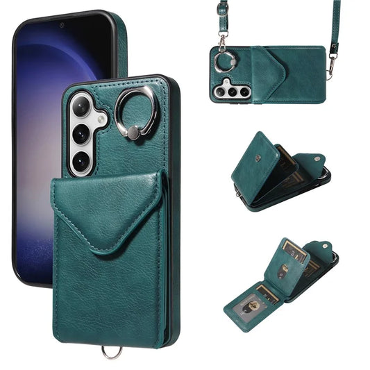 005 For Samsung Galaxy S24 Case with Card Holder Leather Crossbody Phone Cover Ring Kickstand