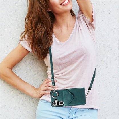 005 For Samsung Galaxy S24 Case with Card Holder Leather Crossbody Phone Cover Ring Kickstand