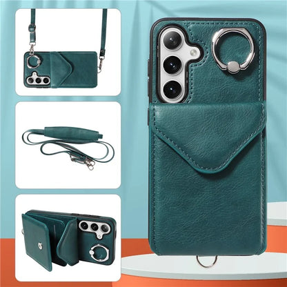 005 For Samsung Galaxy S24 Case with Card Holder Leather Crossbody Phone Cover Ring Kickstand