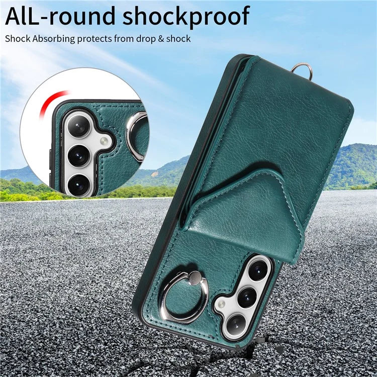 005 For Samsung Galaxy S24 Case with Card Holder Leather Crossbody Phone Cover Ring Kickstand