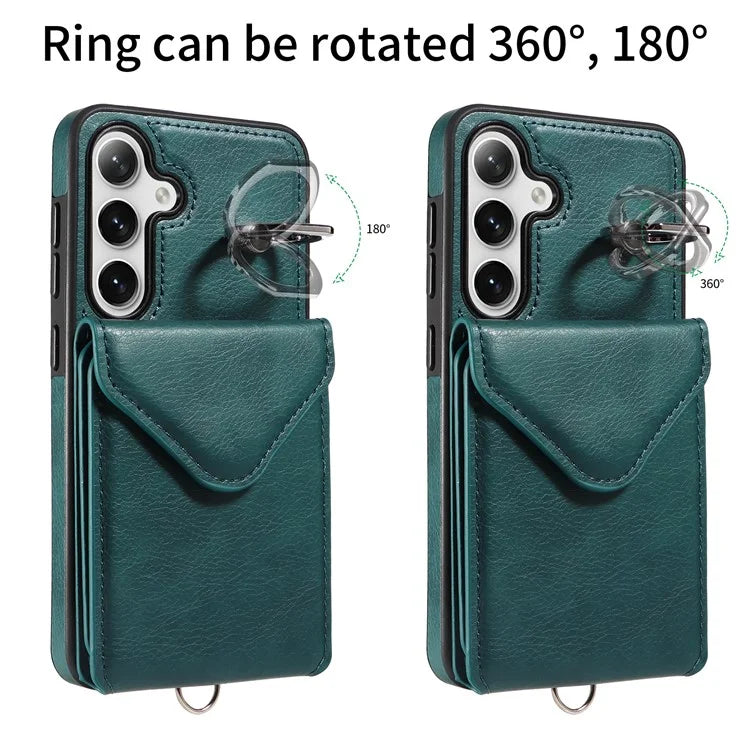 005 For Samsung Galaxy S24 Case with Card Holder Leather Crossbody Phone Cover Ring Kickstand