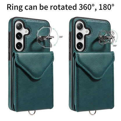 005 For Samsung Galaxy S24 Case with Card Holder Leather Crossbody Phone Cover Ring Kickstand
