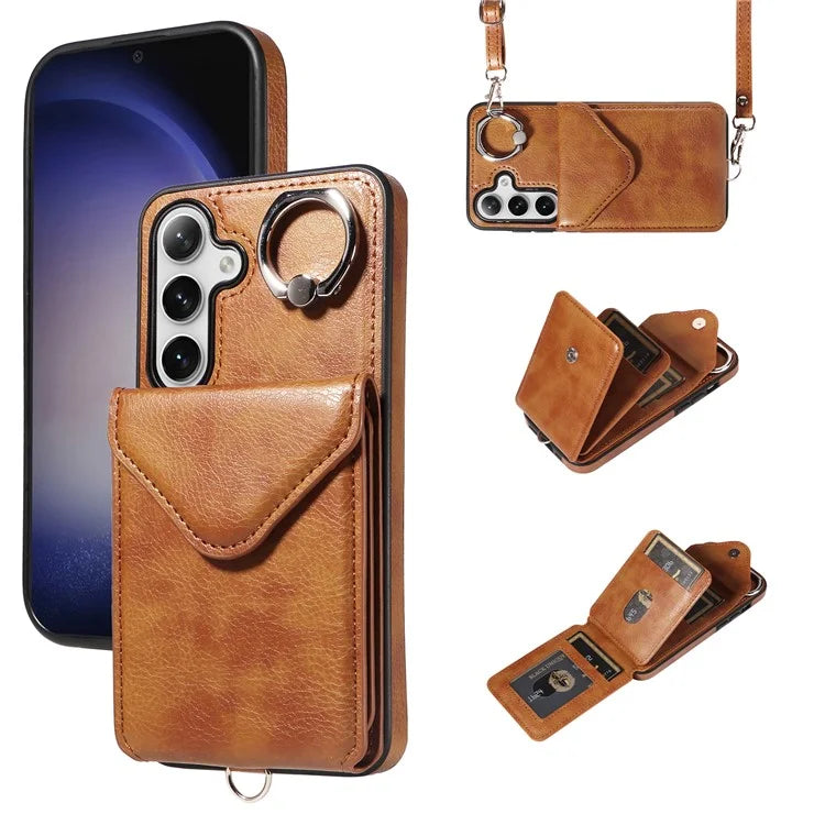 005 For Samsung Galaxy S24 Case with Card Holder Leather Crossbody Phone Cover Ring Kickstand