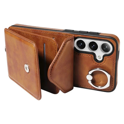 005 For Samsung Galaxy S24 Case with Card Holder Leather Crossbody Phone Cover Ring Kickstand