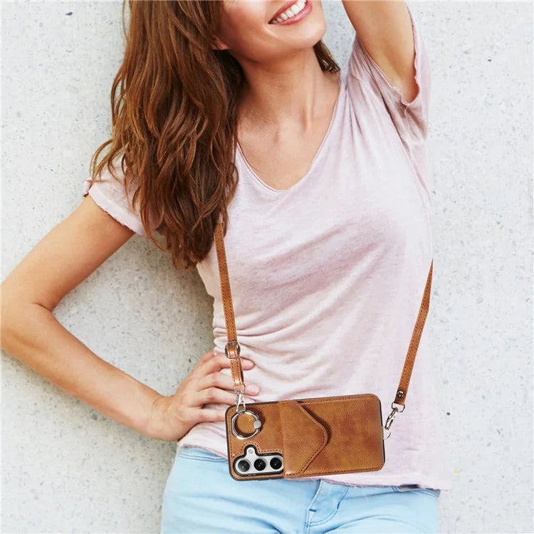 005 For Samsung Galaxy S24 Case with Card Holder Leather Crossbody Phone Cover Ring Kickstand