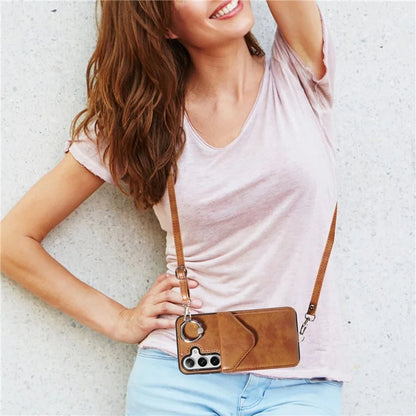 005 For Samsung Galaxy S24 Case with Card Holder Leather Crossbody Phone Cover Ring Kickstand