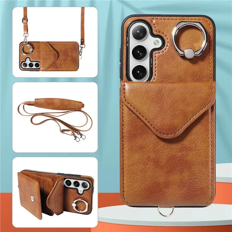 005 For Samsung Galaxy S24 Case with Card Holder Leather Crossbody Phone Cover Ring Kickstand