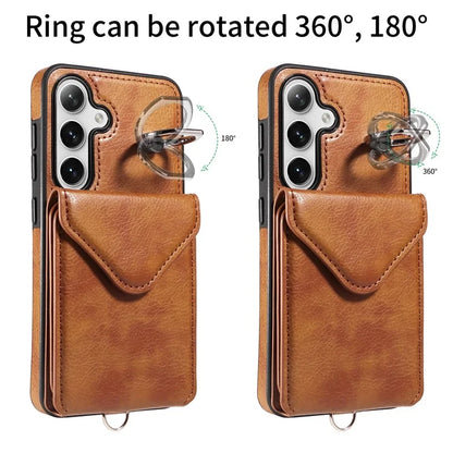 005 For Samsung Galaxy S24 Case with Card Holder Leather Crossbody Phone Cover Ring Kickstand