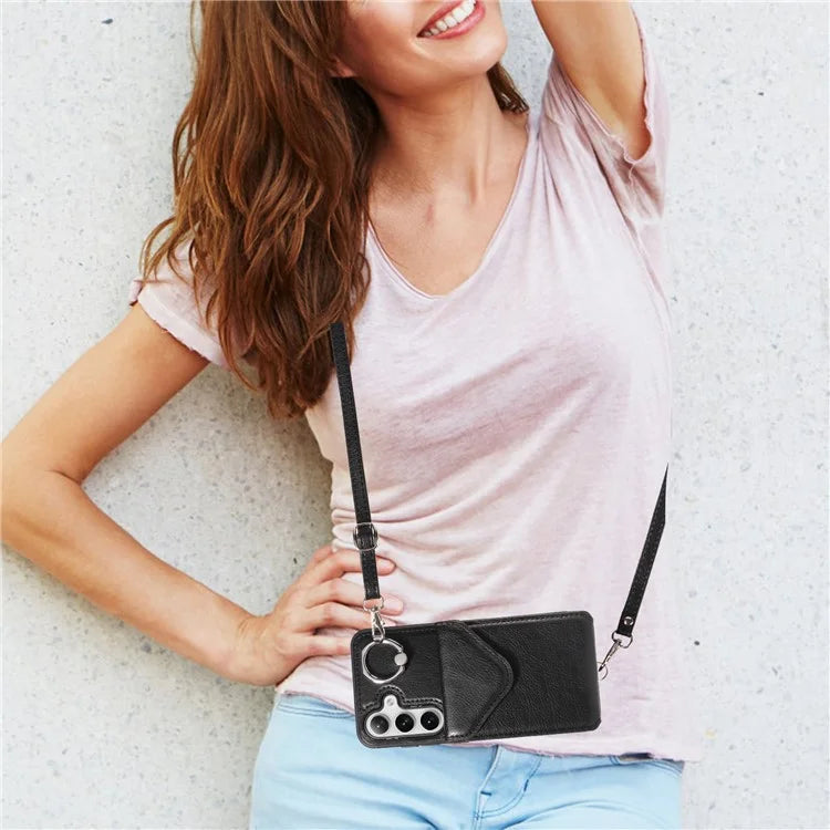 005 For Samsung Galaxy S24 Case with Card Holder Leather Crossbody Phone Cover Ring Kickstand