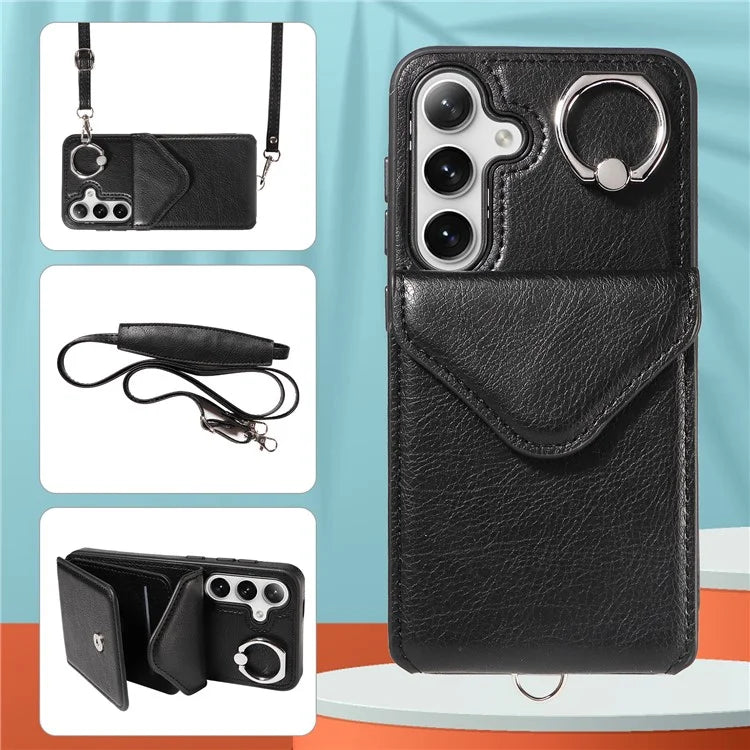 005 For Samsung Galaxy S24 Case with Card Holder Leather Crossbody Phone Cover Ring Kickstand