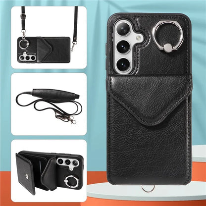 005 For Samsung Galaxy S24 Case with Card Holder Leather Crossbody Phone Cover Ring Kickstand