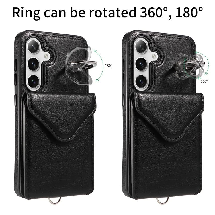 005 For Samsung Galaxy S24 Case with Card Holder Leather Crossbody Phone Cover Ring Kickstand
