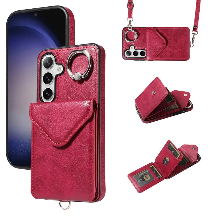 005 For Samsung Galaxy S24 Case with Card Holder Leather Crossbody Phone Cover Ring Kickstand