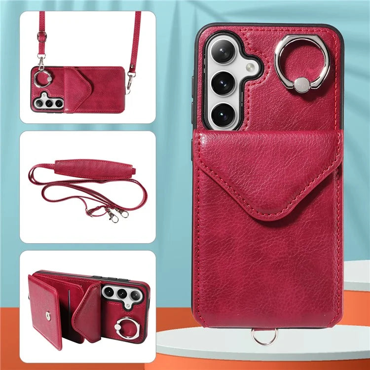 005 For Samsung Galaxy S24 Case with Card Holder Leather Crossbody Phone Cover Ring Kickstand