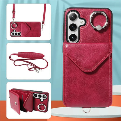 005 For Samsung Galaxy S24 Case with Card Holder Leather Crossbody Phone Cover Ring Kickstand