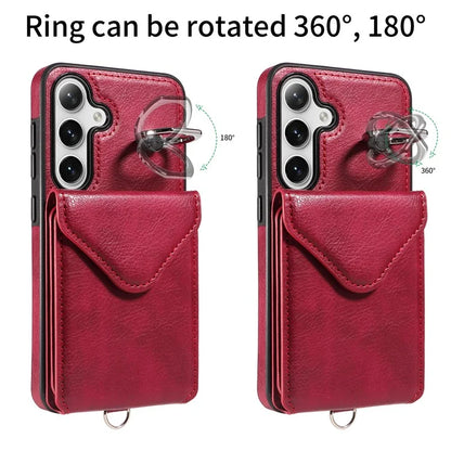 005 For Samsung Galaxy S24 Case with Card Holder Leather Crossbody Phone Cover Ring Kickstand