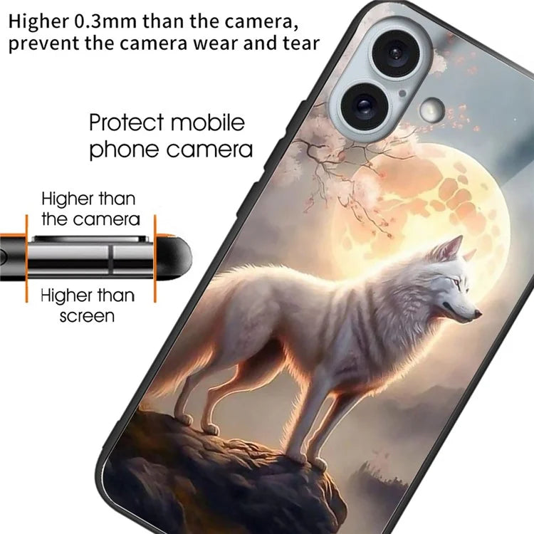 For iPhone 16 Plus TPU Case Tempered Glass Back Phone Cover Pattern Printing