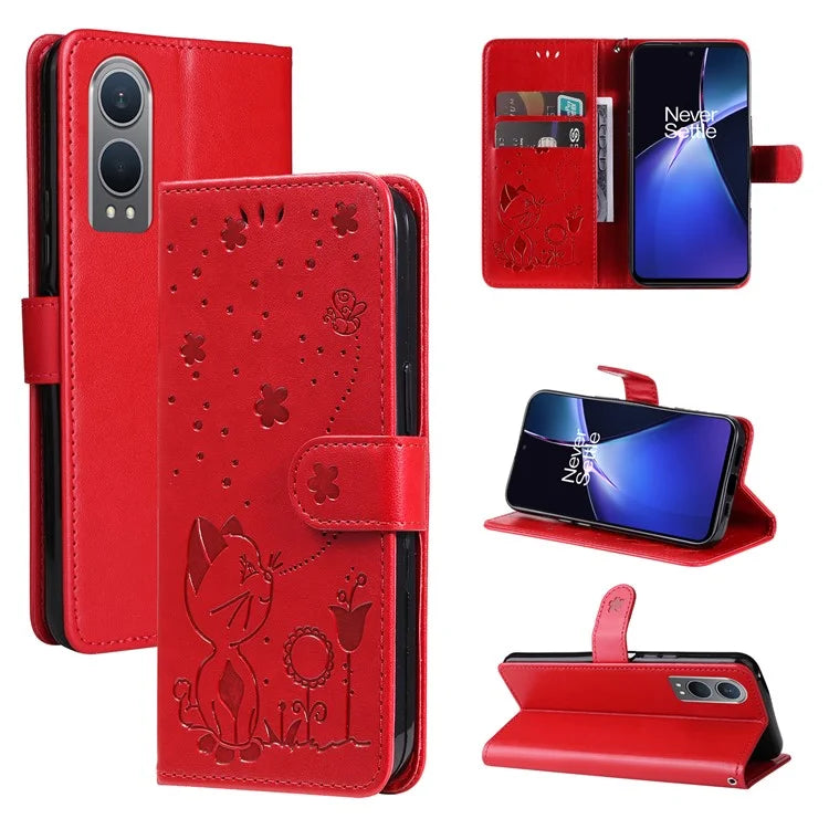 KT Imprinting Flower Series-4 For OnePlus Nord CE4 Lite 5G / Oppo K12x 5G (China) Case Cat Bee Protective Flip Leather Phone Cover