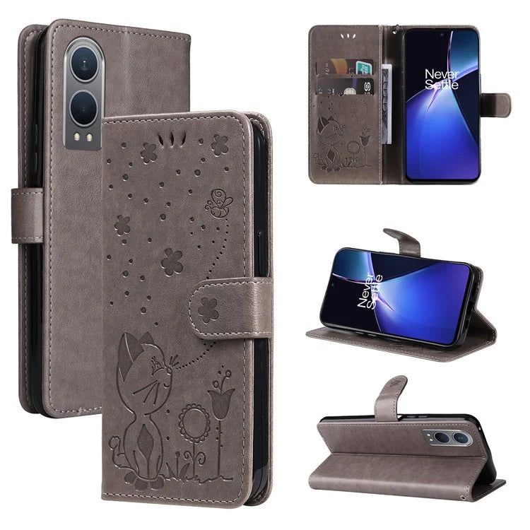 KT Imprinting Flower Series-4 For OnePlus Nord CE4 Lite 5G / Oppo K12x 5G (China) Case Cat Bee Protective Flip Leather Phone Cover