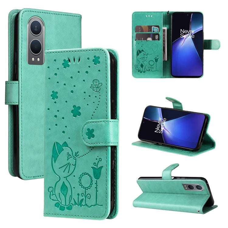 KT Imprinting Flower Series-4 For OnePlus Nord CE4 Lite 5G / Oppo K12x 5G (China) Case Cat Bee Protective Flip Leather Phone Cover