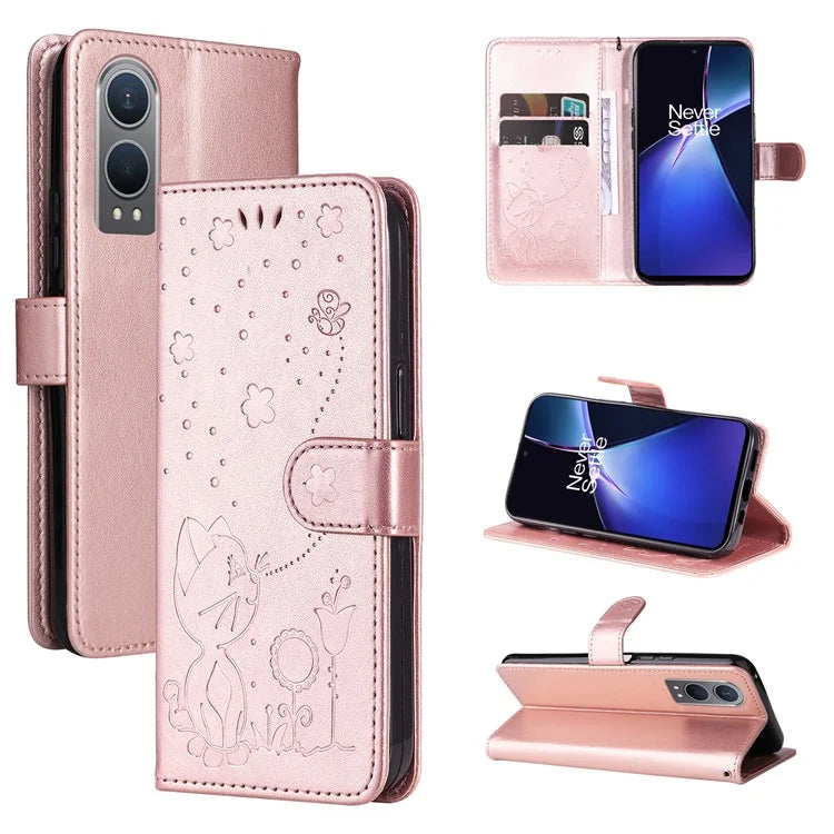 KT Imprinting Flower Series-4 For OnePlus Nord CE4 Lite 5G / Oppo K12x 5G (China) Case Cat Bee Protective Flip Leather Phone Cover
