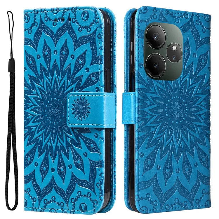 KT Imprinting Flower Series-1 For Realme GT 6 5G Case Leather Wallet Phone Cover Sunflower Mandala Floral