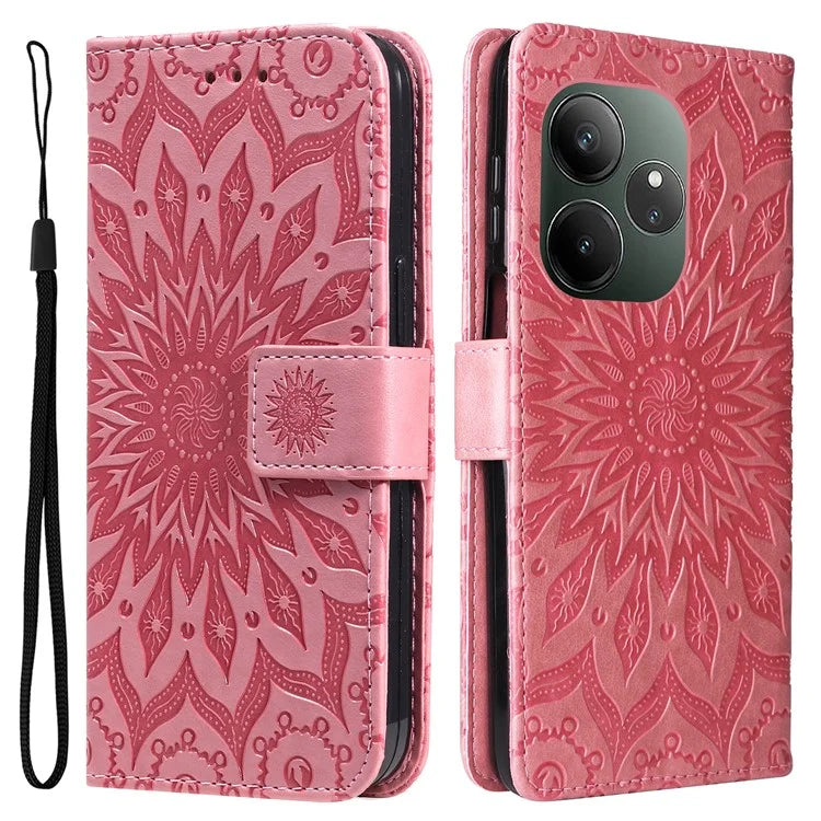 KT Imprinting Flower Series-1 For Realme GT 6 5G Case Leather Wallet Phone Cover Sunflower Mandala Floral